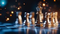 Chess pieces on blue reflective surface with golden bokeh lights in background, king and pawn figures symbolizing strategy, leadership and business competition.