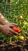 Senior gardener hands carefully harvesting ripe red tomato from vine in organic vegetable garden with natural sunlight filtering through leaves.