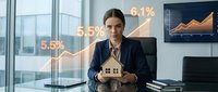 Young female real estate professional or financial advisor with dark hair and olive complexion, holding miniature house model in modern office with growth charts and statistics displayed on screen behind her, representing property investment and market analysis.