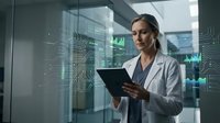 Professional Caucasian female scientist in white lab coat using digital tablet in modern laboratory with holographic data displays and futuristic technology interface.