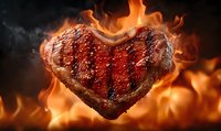 Heart-shaped grilled beef steak with grill marks floating in bright flames and smoke, dramatic food photography for restaurant menu and Valentine's day promotion.