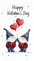 Cute gnomes couple holding heart balloons on white background. Romantic Valentine card with Nordic dwarfs in polka dot outfits and blue hats. Watercolor holiday illustration.