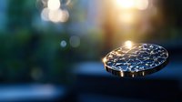 Shimmering water droplets on circular surface catching golden sunlight against blurred natural background, creating magical bokeh effect.