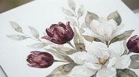Watercolor floral composition with white magnolia blooms and burgundy peonies on textured paper for wedding invitations and romantic designs.