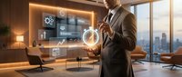 Businessman in formal suit holding glowing digital interface with financial charts and analytics icons in modern office with city skyline view for business technology concepts.