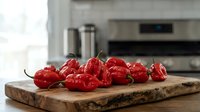 Fresh red habanero peppers on wooden cutting board in modern kitchen ready for spicy cooking and culinary preparation.