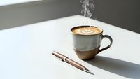 Steaming hot coffee cup with latte art on white table next to copper pen. Morning workspace setup for productivity and creativity in minimalist style.