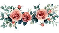 Watercolor coral roses arrangement with teal green leaves and buds on white background, floral border design element for wedding stationery and decor.