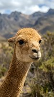 Adorable young alpaca portrait with soft brown fur against blurred mountain landscape background in natural habitat for wildlife and nature photography.