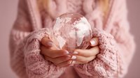Young woman in pink knit sweater holding transparent glass globe with world map, symbolizing global care and environmental awareness.