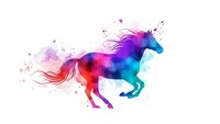 Colorful watercolor horse silhouette in vibrant purple, blue and pink hues with flowing mane and paint splashes on white background for creative designs.