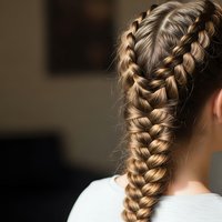 Elegant blonde woman with intricate braided hairstyle featuring multiple plaits woven together in sophisticated pattern for beauty and hair styling concepts.