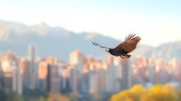 Majestic bald eagle soaring against urban skyline with mountains in background, wings spread wide during golden hour sunset, capturing freedom and nature.