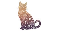 Silhouette of sitting cat filled with celestial night sky, stars, and fireworks in warm orange to deep purple gradient, isolated on transparent background for design projects.