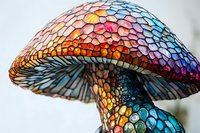 Colorful stained glass mushroom sculpture featuring intricate mosaic pattern in vibrant orange, blue and purple hues against light background, macro photography view.