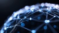 Glowing network connections with blue light dots and lines forming abstract digital structure against dark background, modern technology concept.