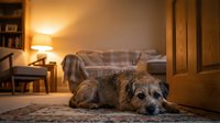 Elderly terrier mix resting on living room floor with warm lamp lighting, cozy furniture and wooden door in background, suitable for pet care, senior animal wellness and home comfort themes.