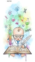 Baby scientist in lab coat with glasses holding test tube and book surrounded by chemistry elements DNA molecules atoms on watercolor background.
