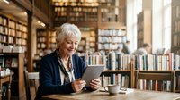 Senior woman with white hair, Caucasian ethnicity, wearing dark blazer and lanyard, using tablet in library surrounded by bookshelves and warm lighting. Educational technology concept.