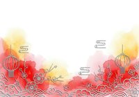 Watercolor Asian lanterns and plum blossoms with decorative clouds on white background, suitable for lunar new year greeting cards and festive designs.