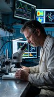 Middle-aged Caucasian male scientist in white lab coat using microscope in modern research laboratory with multiple computer monitors displaying data analysis.
