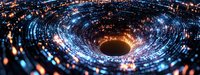 Futuristic digital vortex with glowing blue light trails and energy streams forming circular tunnel against dark background, panoramic view of abstract technology portal.