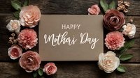 Elegant Mother's Day card with handwritten message surrounded by delicate pink and cream roses on rustic wooden background.