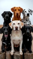 Group of six different dog breeds sitting together on wooden surface against white background for pet care and animal diversity concepts.