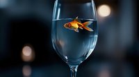 Goldfish swimming in wine glass with clear water against dark background with soft bokeh lights, symbolizing fragility and isolation.