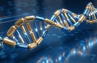 Golden and blue DNA double helix structure with glowing effects on dark blue background for genetic research and biotechnology concepts.