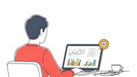 Young professional man working on laptop computer analyzing business data charts and graphs with AI technology integration for modern workplace productivity.