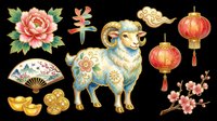 Isolated Chinese New Year design elements including decorative lion, red lanterns, peonies, cherry blossoms, gold coins, fan and ornaments on transparent background. Ready for t-shirts, clipart, stickers and print-on-demand projects.