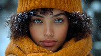 Young woman with natural curly hair wearing yellow winter beanie and scarf, snow falling on her hair, close up portrait showing bright blue eyes and full lips.