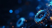 Metallic gear wheels with blue lighting effects and bokeh background, symbolizing technology, innovation, and mechanical engineering processes.