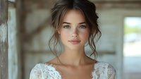 Young woman in white lace wedding dress with natural makeup and romantic updo hairstyle with loose curls, soft window lighting creates dreamy bridal portrait.
