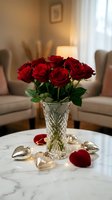 Red roses bouquet in crystal vase on marble table with heart decorations in elegant living room for romantic celebration and love occasions.