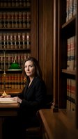 Professional female lawyer working in traditional law library with vintage books and banker lamp for legal services and consultation.