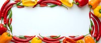 Red and yellow chili peppers arranged in a frame border on white background with copy space for text, cooking and food design.