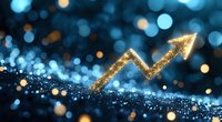 Glowing golden arrow chart rising on sparkly blue bokeh background shows business growth and success concept for financial presentations and reports.