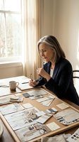 Mature woman architect reviewing building plans and sketches at wooden desk by window with natural light, holding pen while examining design documents for interior design or construction project.