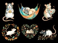 Cute watercolor rats clipart set, isolated on transparent background. Six adorable rodent characters for stickers, t-shirt design, print on demand, and sublimation projects.