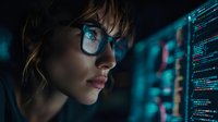Young female programmer with glasses focused on computer code in dark environment, illuminated by blue screen light. Perfect for cybersecurity or tech industry content.