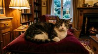 Tabby cat resting on a red velvet cushion in a cozy home library with fireplace, bookshelves, and warm lamp light glowing softly.