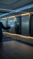 Businessman in dark suit interacting with holographic globe displaying financial data and stock charts in modern office with neon lighting and glass walls.
