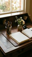 Vintage wooden desk with open notebook, art brushes in jar, and wildflowers in ceramic vase by sunny window for creative workspace and artistic inspiration.