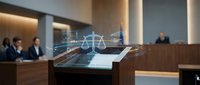 Modern courtroom with digital justice scales hologram displaying legal technology and judicial proceedings for law firm presentations.