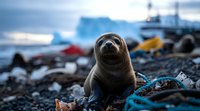Young seal pup resting on rocky beach with blurred boats in background during blue hour, close up portrait of marine wildlife in natural habitat.