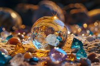 Crystal sphere with magical reflections surrounded by colorful gemstones and minerals on golden sand, creating dreamy bokeh effect in dark background.