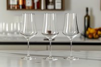 Elegant empty wine glasses with ribbed design arranged on white countertop in modern kitchen setting, suitable for dining, hospitality, and tableware design projects.