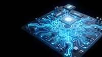 Futuristic computer processor chip with glowing blue circuit patterns and electronic pathways on dark background for technology concepts.